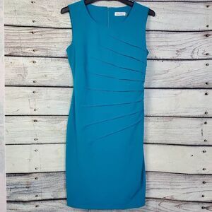 Calvin Klein Women’s Size 4 Blue Sheath Dress Sleeveless Ruched Panel Cocktail